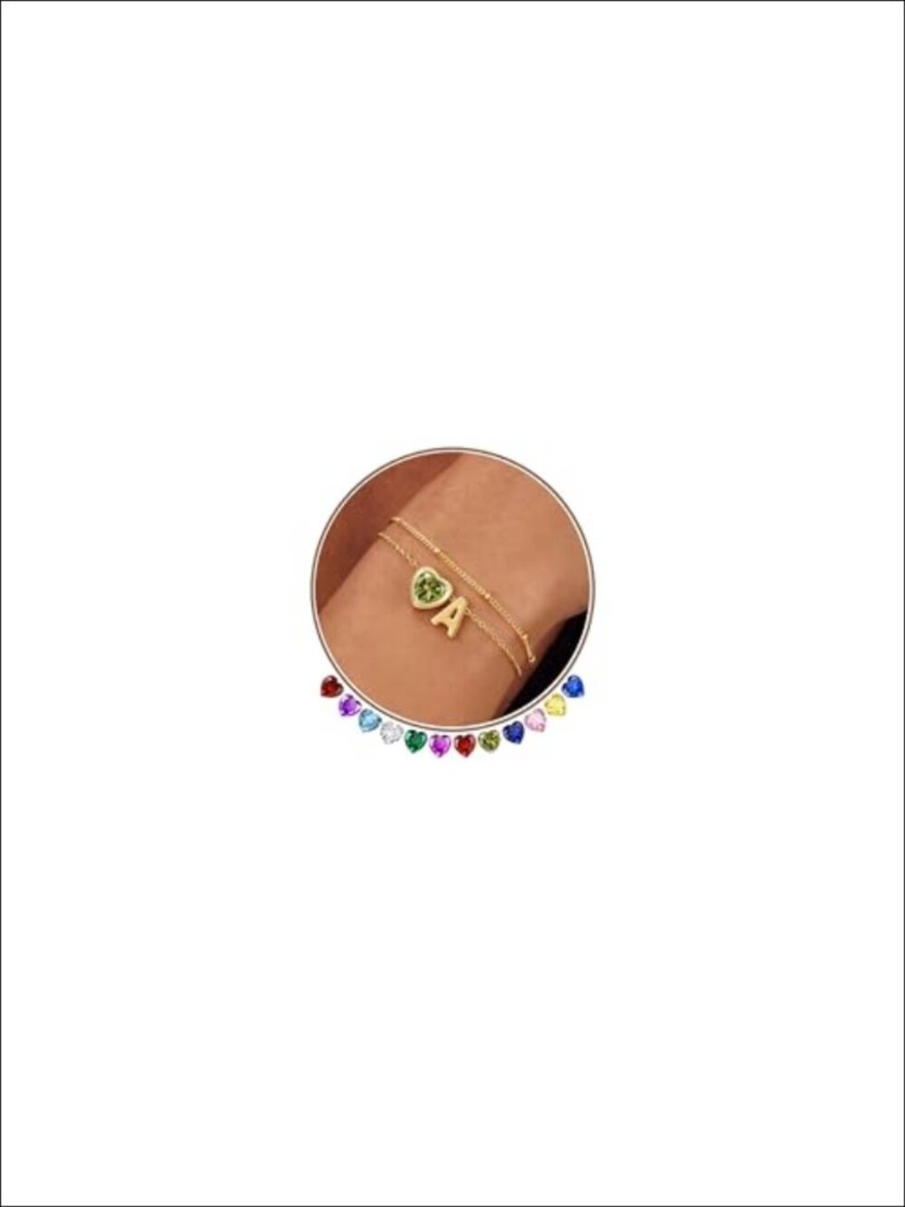 14K Gold Plated Heart Initial Birthstone Bracelet for Women Adjustable